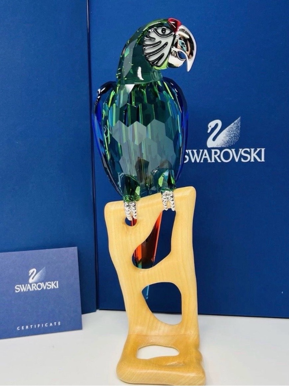 Swarovski Blue-Green Crystal Parrot on Wood Stand